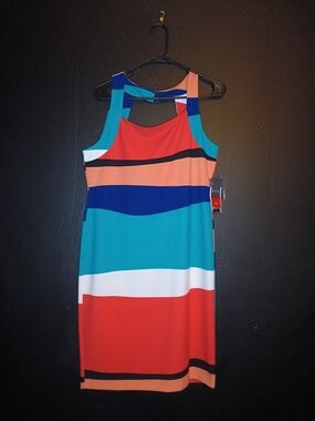 Sleeveless Multicolor Striped Sheath Dress - Teal, Coral,White, & Blue